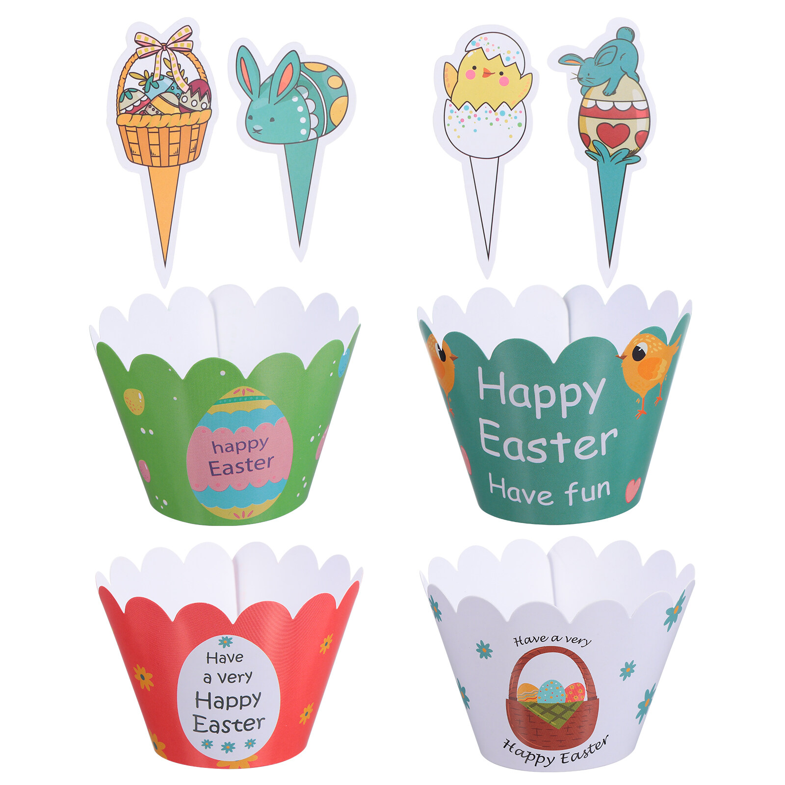 Rhewides 48Pcs Easter Cupcake Wrappers Adorable Cupcake Picks Cake Wrapper Toppers Set